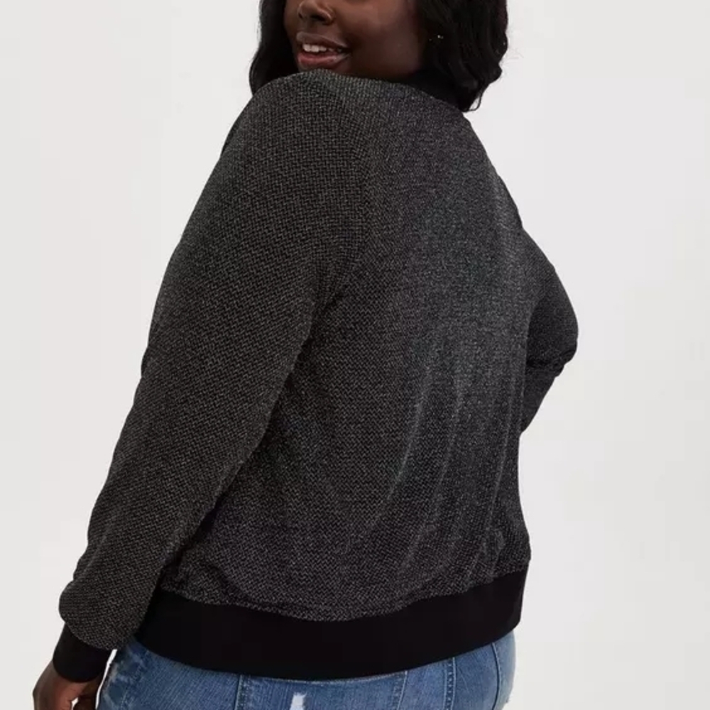 Torrid Knit Lurex Bomber Jacket Black Metallic Size 4 NWOT Plus Zip Front image 2